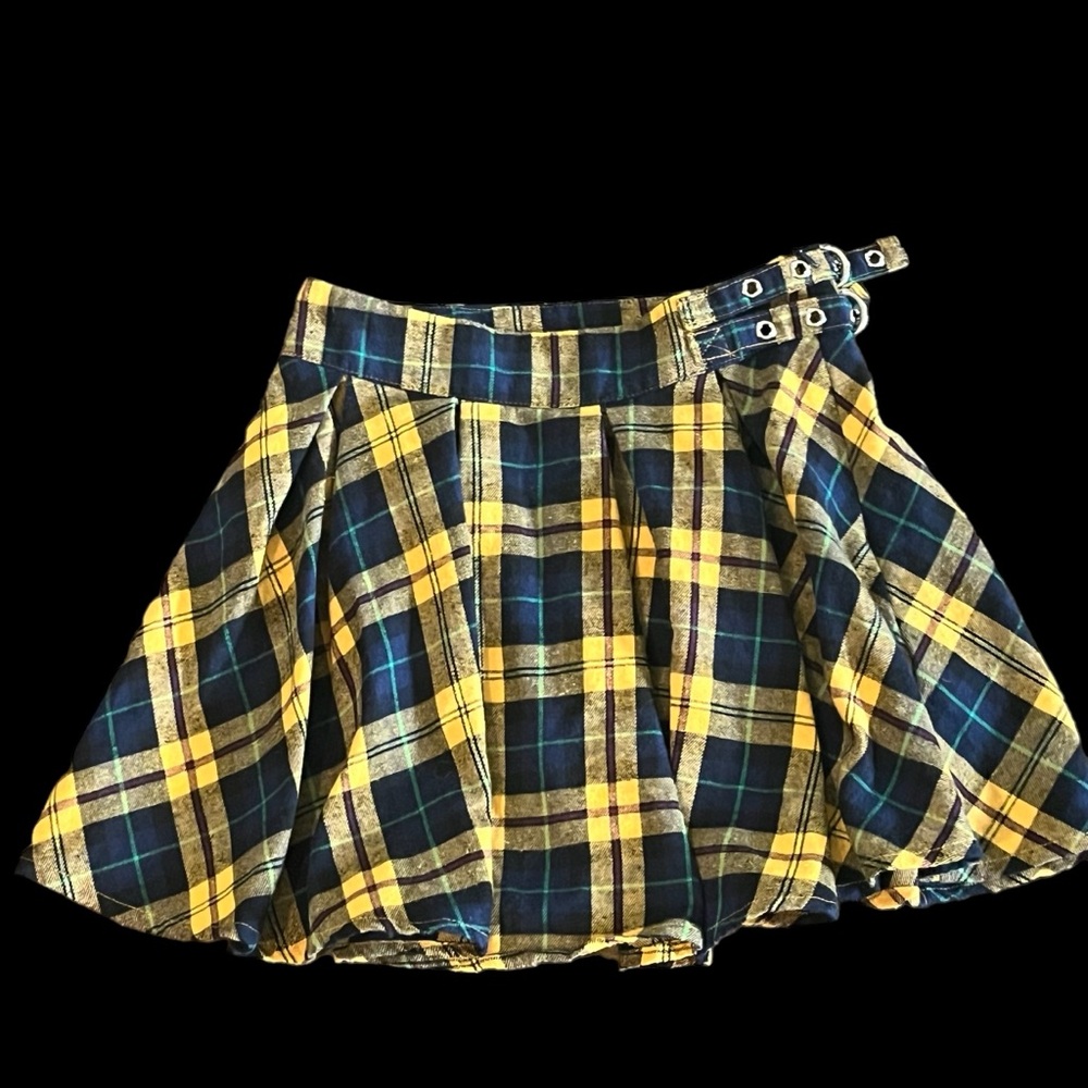 PRETTY GARBAGE Cincher Belted Plaid Pleated Mini Skirt Yellow Size Small GOTHIC